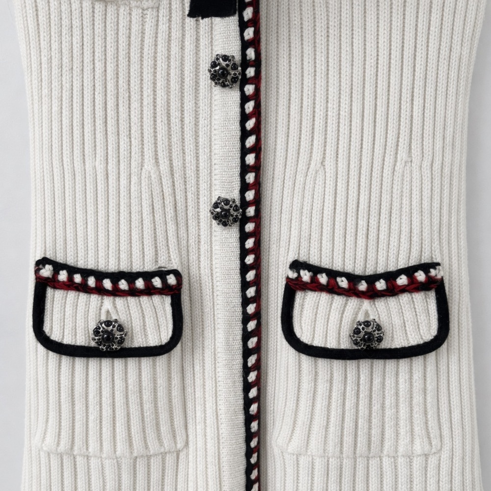 Self-Portrait Ivory Lurex Ribbed Knit Mini Dress US2 UK6 Black Trim Bow Slim Fit - Picture 5 of 6